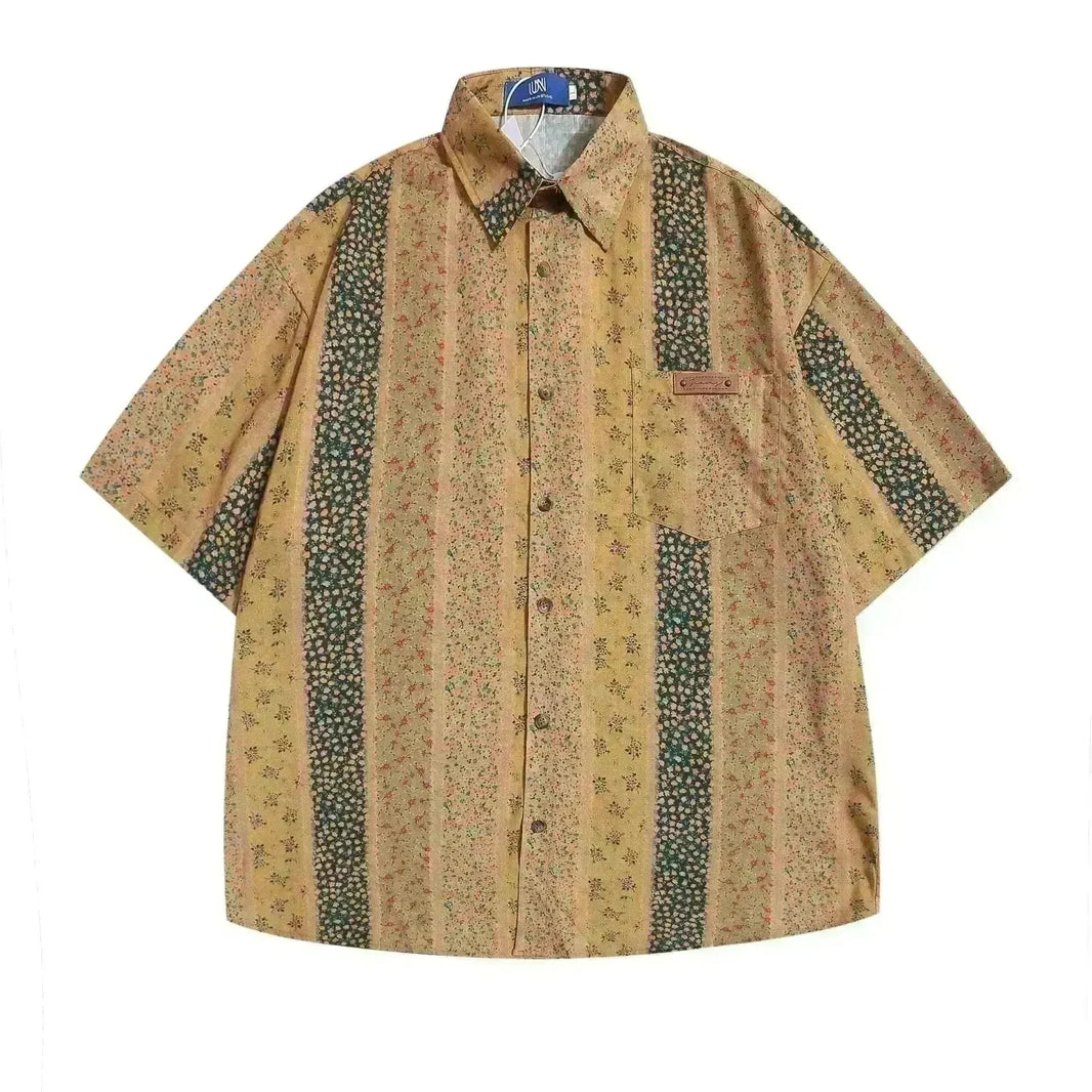 Vertical Stripes Small Floral Short-sleeved Casual Shirt - EX-STOCK CANADA