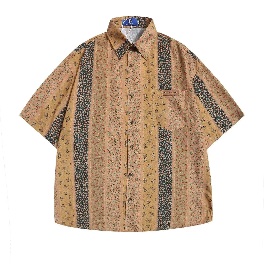 Vertical Stripes Small Floral Short-sleeved Casual Shirt - EX-STOCK Canada