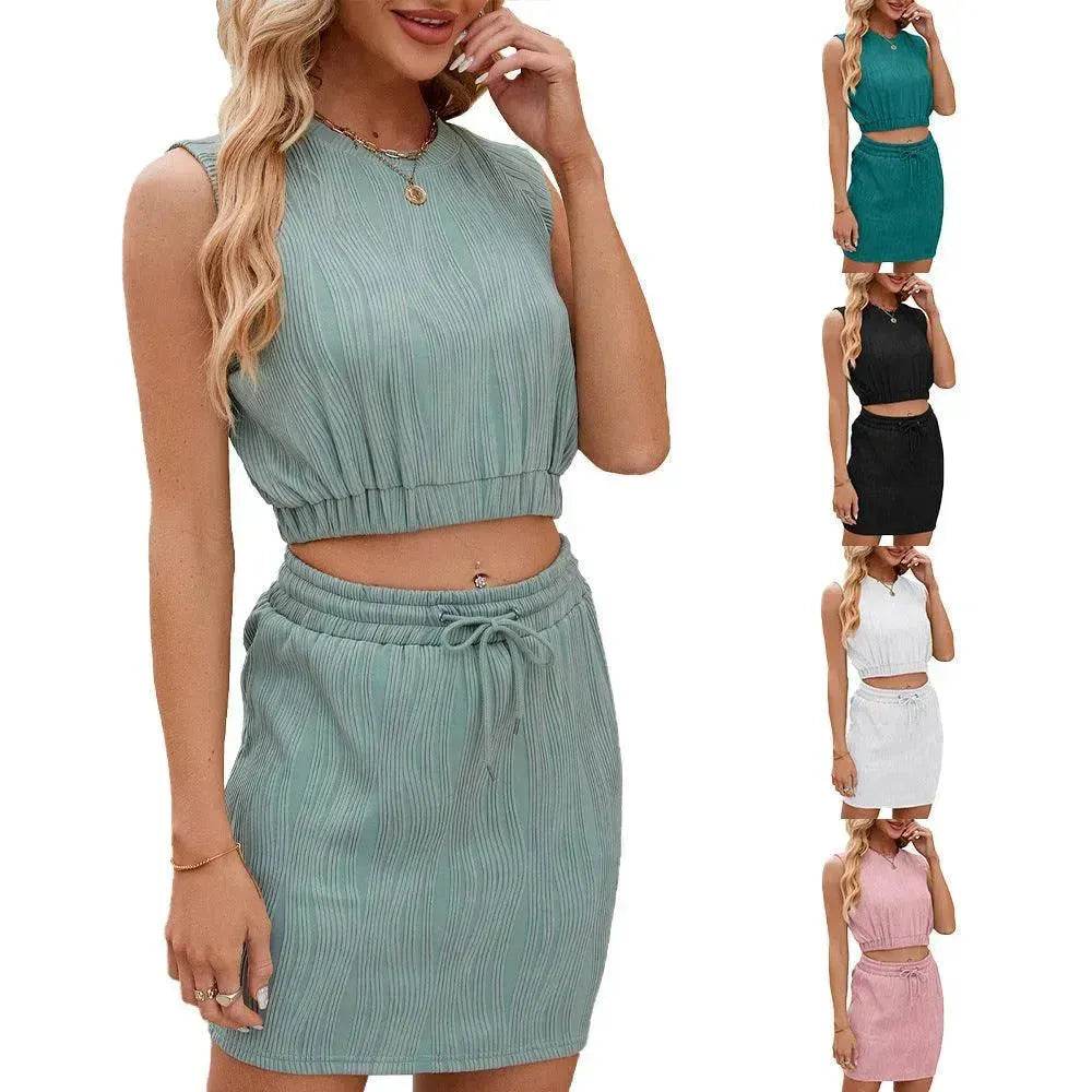 Wave Pattern Design Suit For Women Round Neck Sleeveless Top And Drawstring Design Short Skirt Fashion 2-piece Set Summer Clothing - EX-STOCK Canada