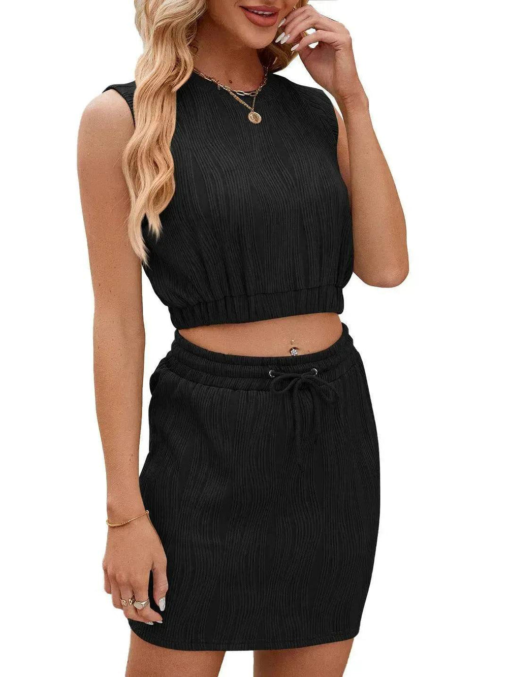 Wave Pattern Design Suit For Women Round Neck Sleeveless Top And Drawstring Design Short Skirt Fashion 2-piece Set Summer Clothing - EX-STOCK Canada