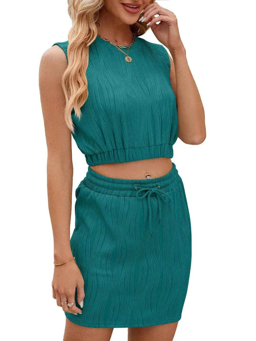 Wave Pattern Design Suit For Women Round Neck Sleeveless Top And Drawstring Design Short Skirt Fashion 2-piece Set Summer Clothing - EX-STOCK Canada