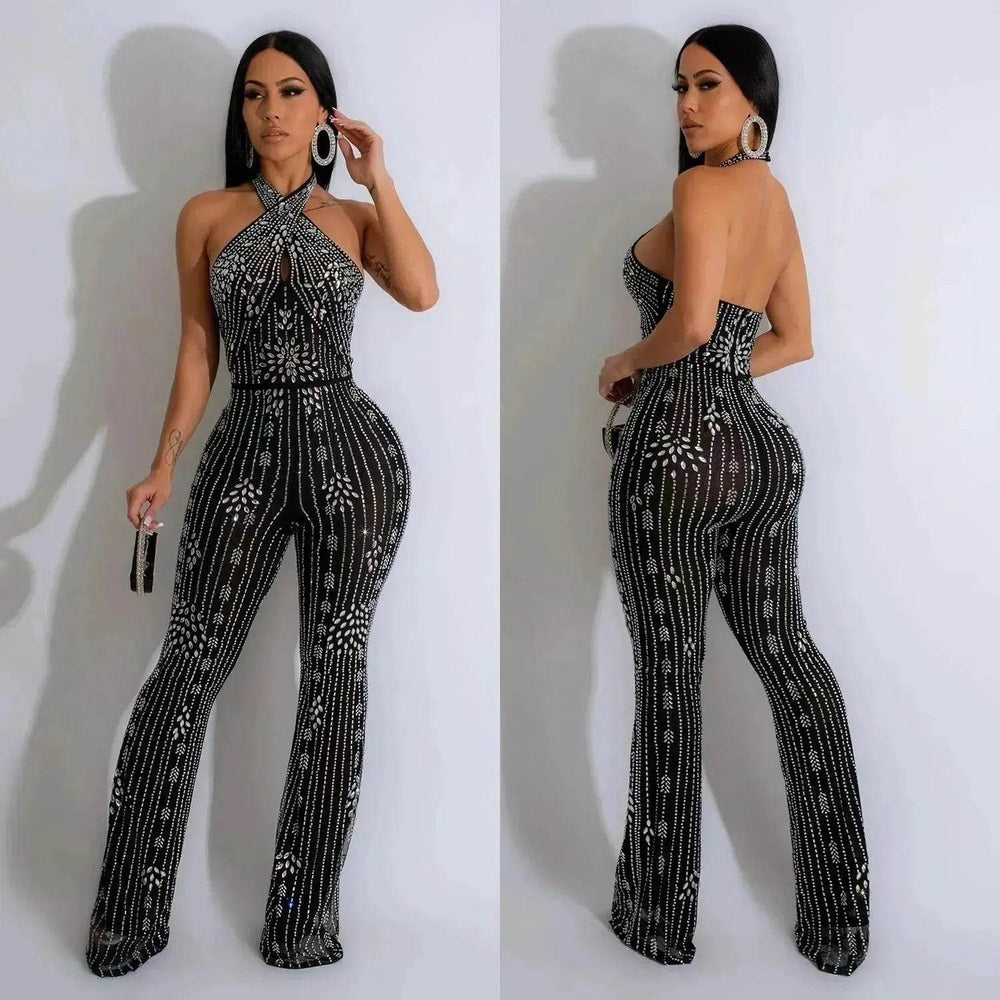Wear Solid Color Rhinestone Sleeveless Halter Trousers Jumpsuit - EX-STOCK Canada