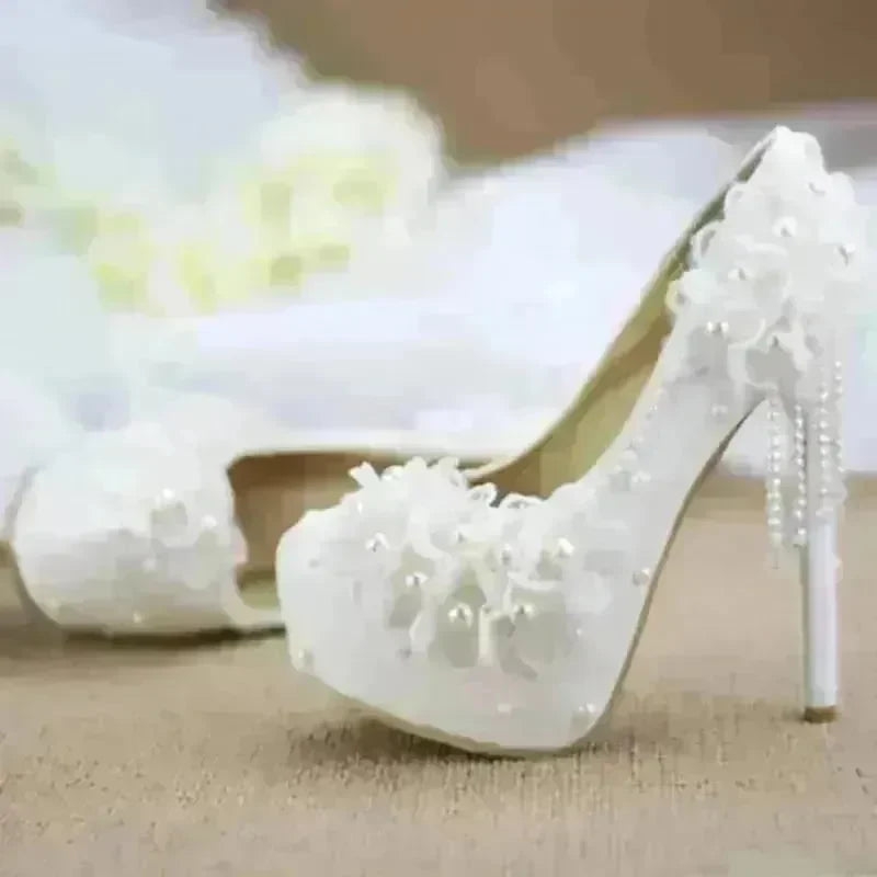 White Lace Flower High Heels Tassel Bridal Wedding Bridesmaid Shoes - EX-STOCK CANADA