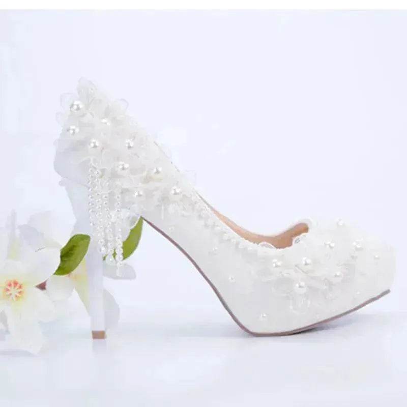 White Lace Flower High Heels Tassel Bridal Wedding Bridesmaid Shoes - EX-STOCK Canada