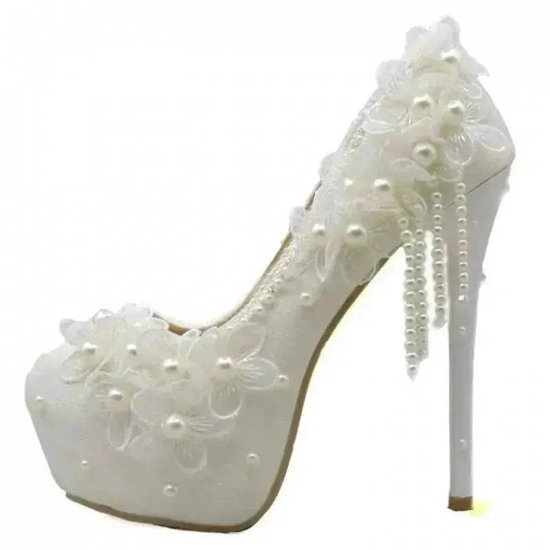 White Lace Flower High Heels Tassel Bridal Wedding Bridesmaid Shoes - EX-STOCK Canada
