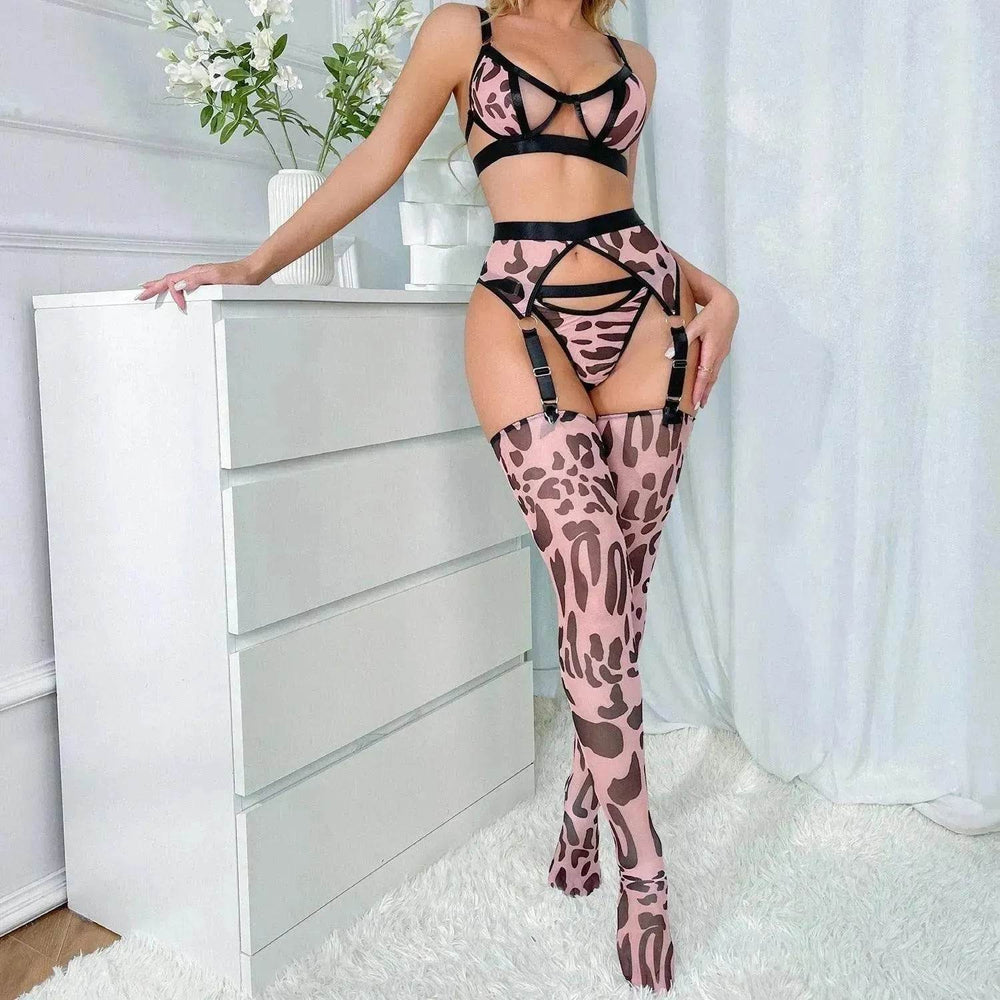 Wild Leopard Print Mesh Hollow Lingerie Stockings Charming Lingerie Set - EX-STOCK Canada