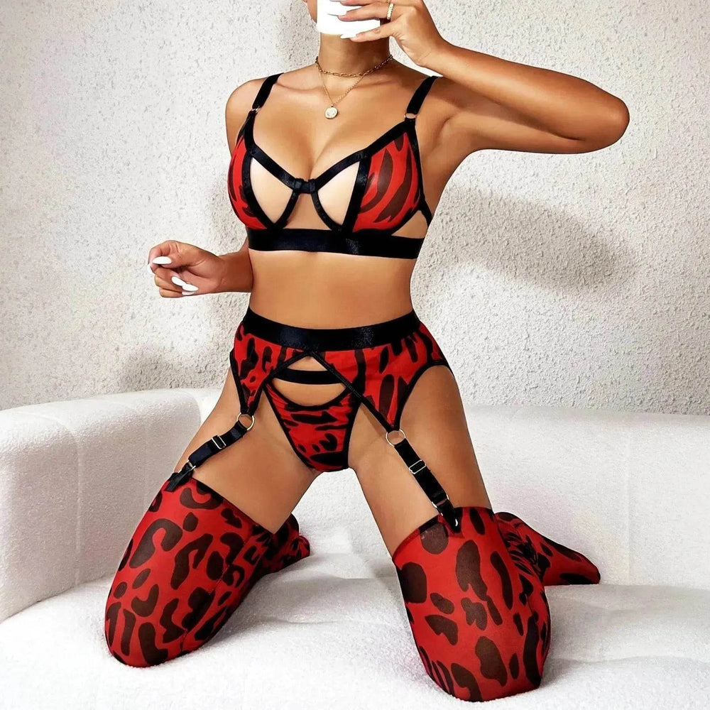 Wild Leopard Print Mesh Hollow Lingerie Stockings Charming Lingerie Set - EX-STOCK Canada