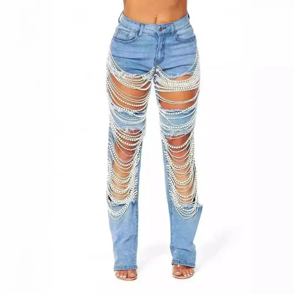 Women Creative Casual Ripped Denim Jeans Straight Leg Pant Trouser - EX-STOCK Canada