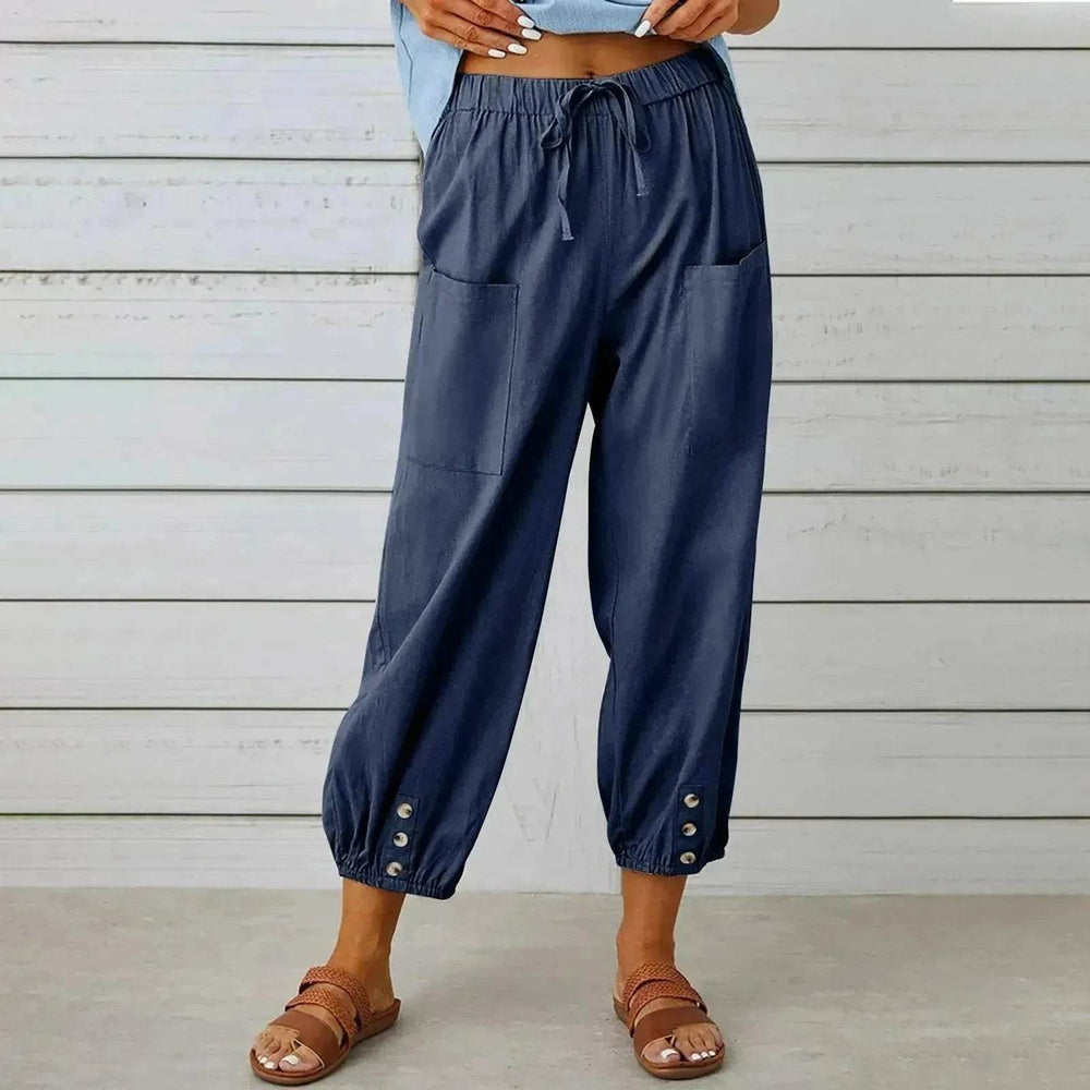 Women Drawstring Tie Pants Spring Summer Cotton And Linen Trousers With Pockets Button - EX-STOCK Canada