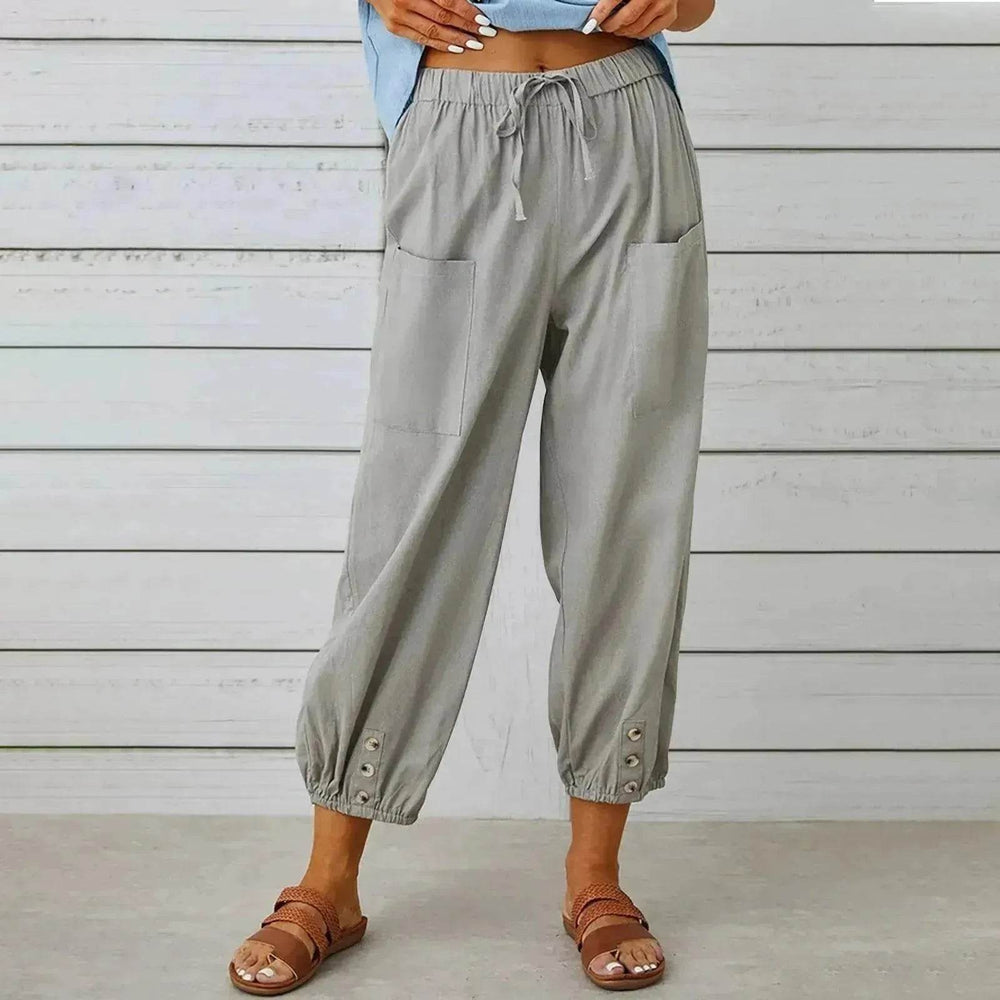 Women Drawstring Tie Pants Spring Summer Cotton And Linen Trousers With Pockets Button - EX-STOCK Canada