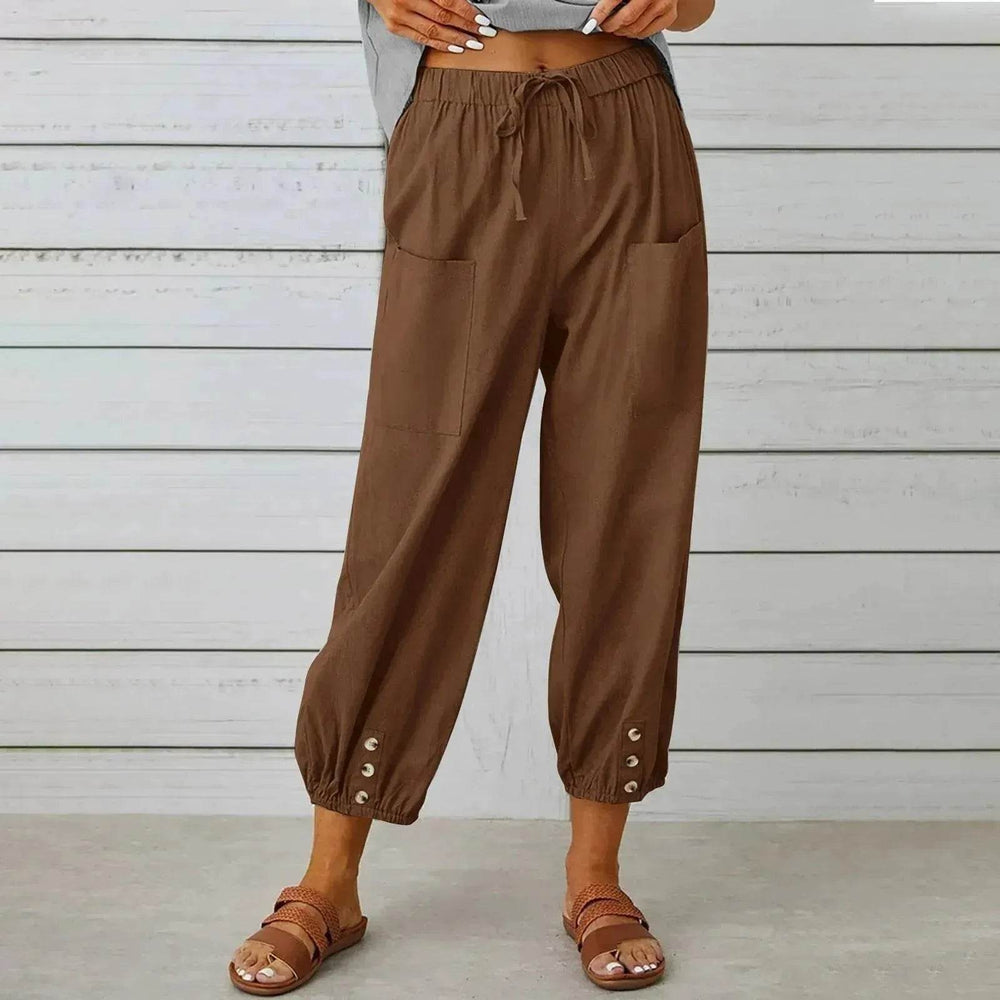 Women Drawstring Tie Pants Spring Summer Cotton And Linen Trousers With Pockets Button - EX-STOCK Canada