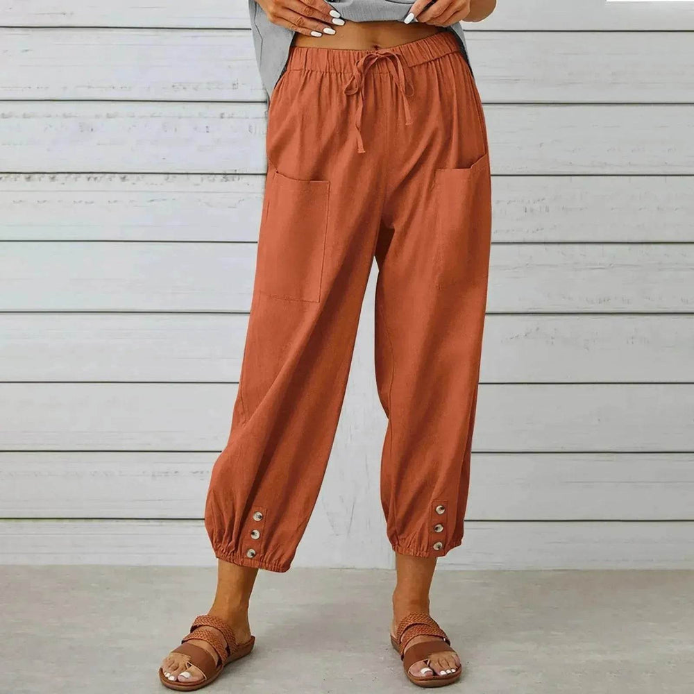 Women Drawstring Tie Pants Spring Summer Cotton And Linen Trousers With Pockets Button - EX-STOCK Canada