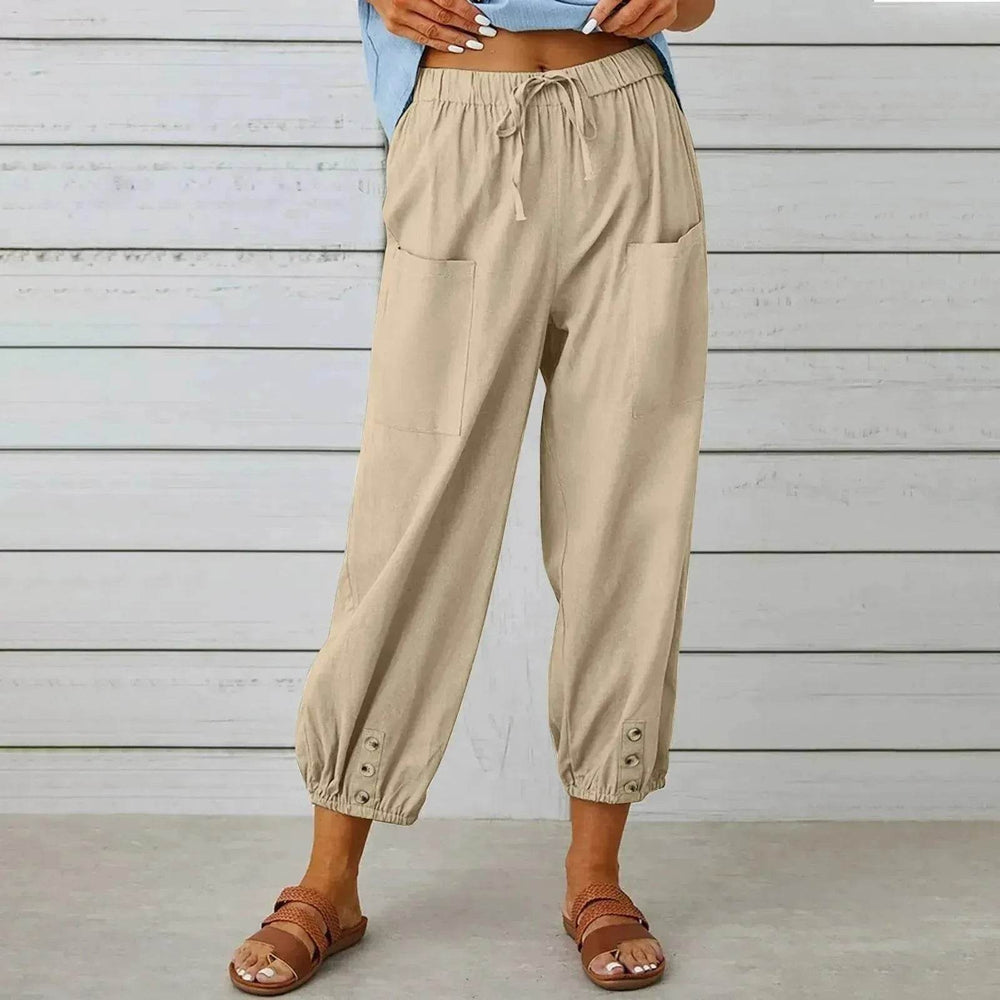 Women Drawstring Tie Pants Spring Summer Cotton And Linen Trousers With Pockets Button - EX-STOCK Canada
