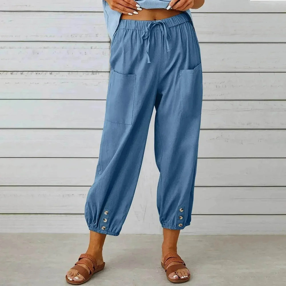 Women Drawstring Tie Pants Spring Summer Cotton And Linen Trousers With Pockets Button - EX-STOCK CANADA