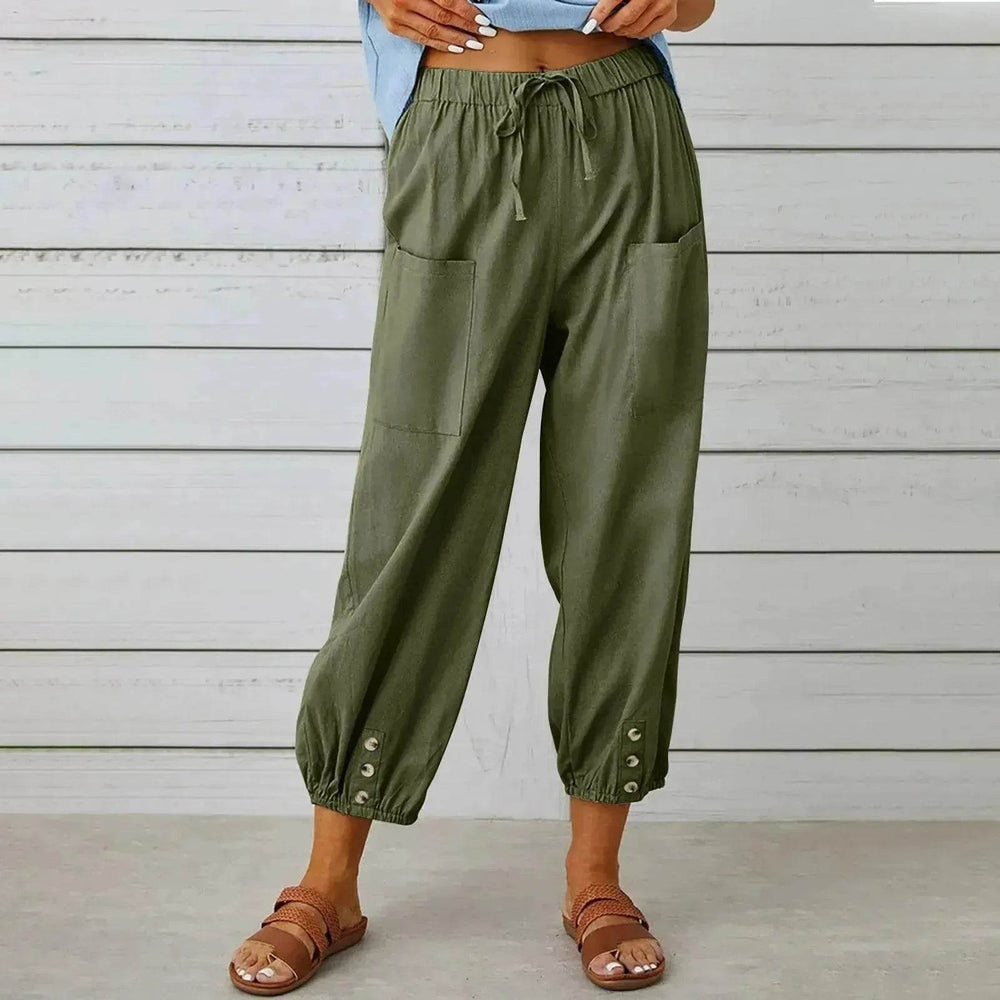 Women Drawstring Tie Pants Spring Summer Cotton And Linen Trousers With Pockets Button - EX-STOCK Canada