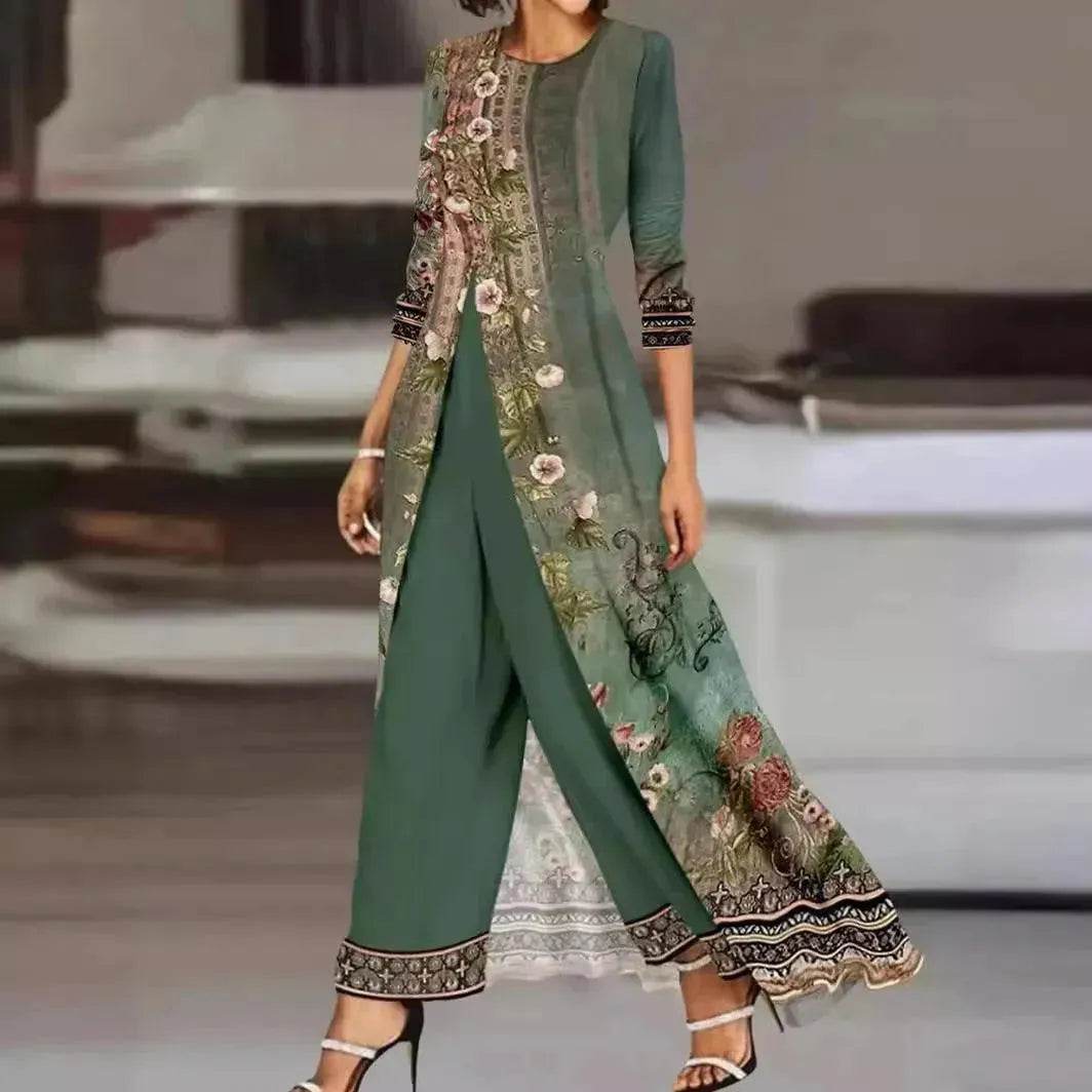 Women Dress Two-piece Emerald Long Style Long Sleeve Printing - EX-STOCK Canada