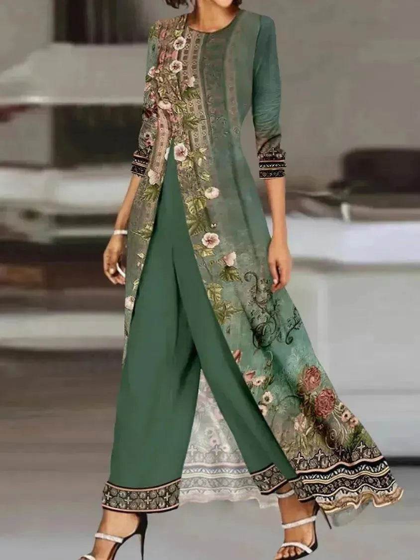 Women Dress Two-piece Emerald Long Style Long Sleeve Printing - EX-STOCK Canada