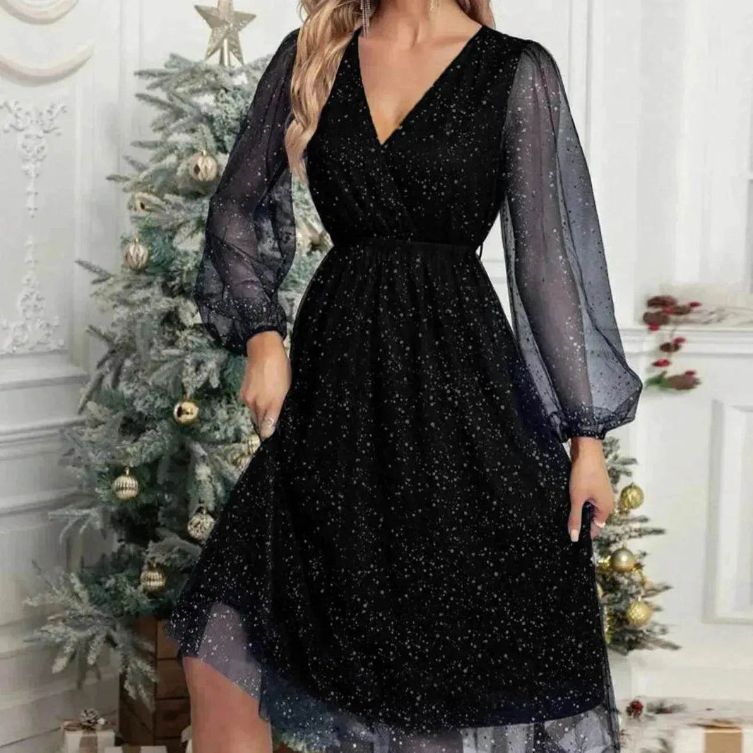 Women Fashion Stitching Mesh V-Neck Midi Dress - EX-STOCK Canada