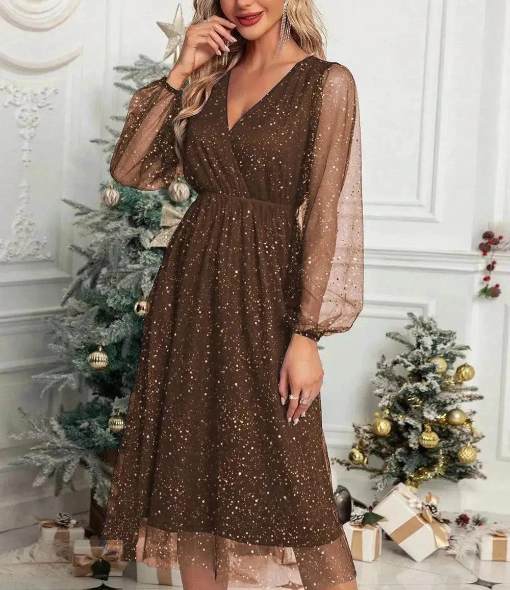 Women Fashion Stitching Mesh V-Neck Midi Dress - EX-STOCK Canada