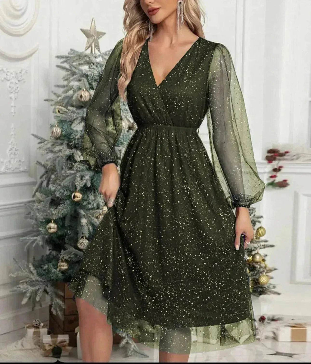 Women Fashion Stitching Mesh V-Neck Midi Dress - EX-STOCK Canada