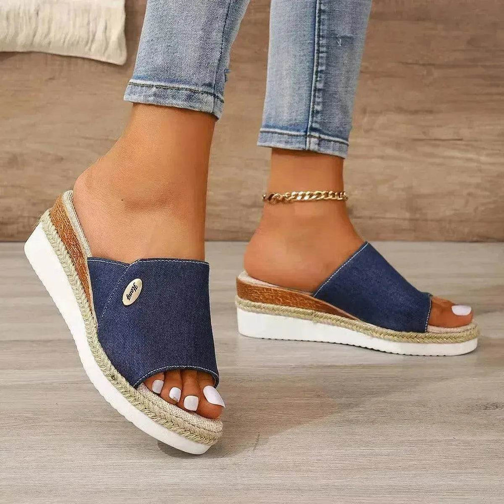 Women Fashionable Denim Canvas Summer Outdoor Hemp High Heel Slippers - EX-STOCK Canada