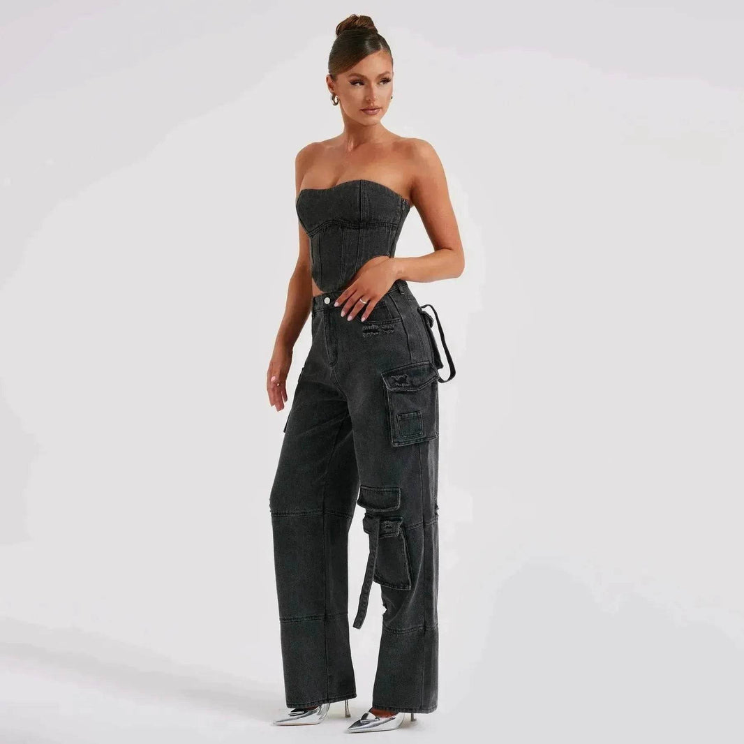 Women's American-style Low Waist Three-dimensional Pocket Stitching Jeans Denim Cargo Pant Trouser. Denim Outfit Set - EX-STOCK Canada