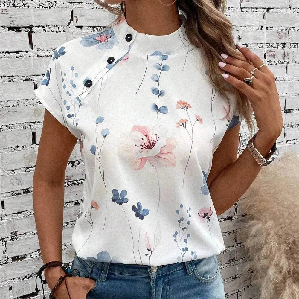 Women's Casual Stand Collar Short-sleeved Digital Printed blouse top - EX-STOCK Canada