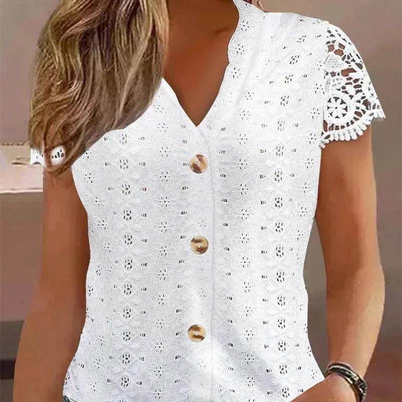 Women Short sleeved button down white lace top. - EX-STOCK Canada