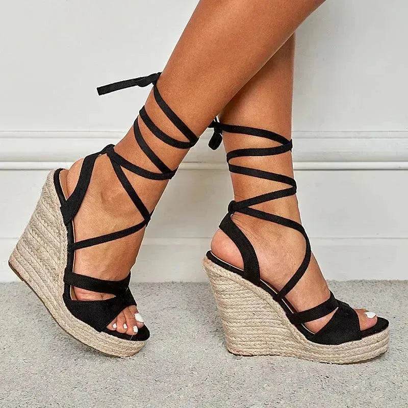 Women's Fashion Foam Bottom Heightening Cross Strappy Rope Tie Wedge Sandals - EX-STOCK Canada