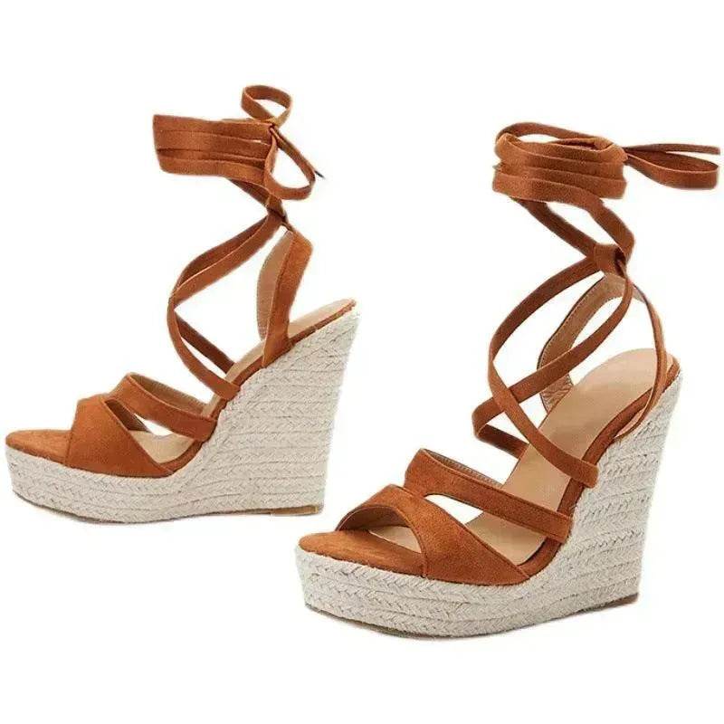 Women's Fashion Foam Bottom Heightening Cross Strappy Rope Tie Wedge Sandals - EX-STOCK Canada