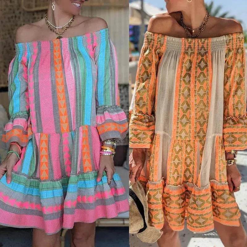 Women's Fashion Patchwork Flared Sleeves Dress - EX-STOCK Canada