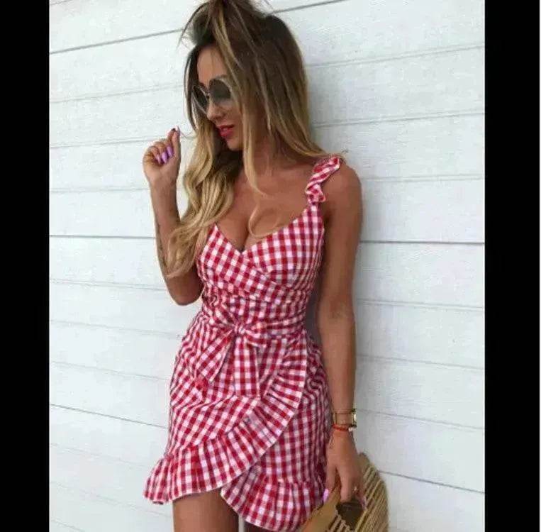 Women's Fashion Personality Summer Sleeveless Plaid Drawstring Casual Mini Dress - EX-STOCK Canada