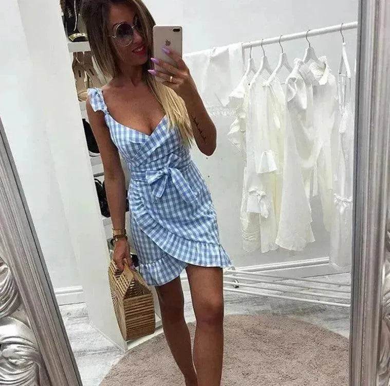 Women's Fashion Personality Summer Sleeveless Plaid Drawstring Casual Mini Dress - EX-STOCK Canada