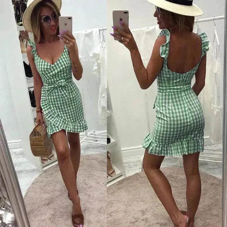 Women's Fashion Personality Summer Sleeveless Plaid Drawstring Casual Mini Dress - EX-STOCK Canada