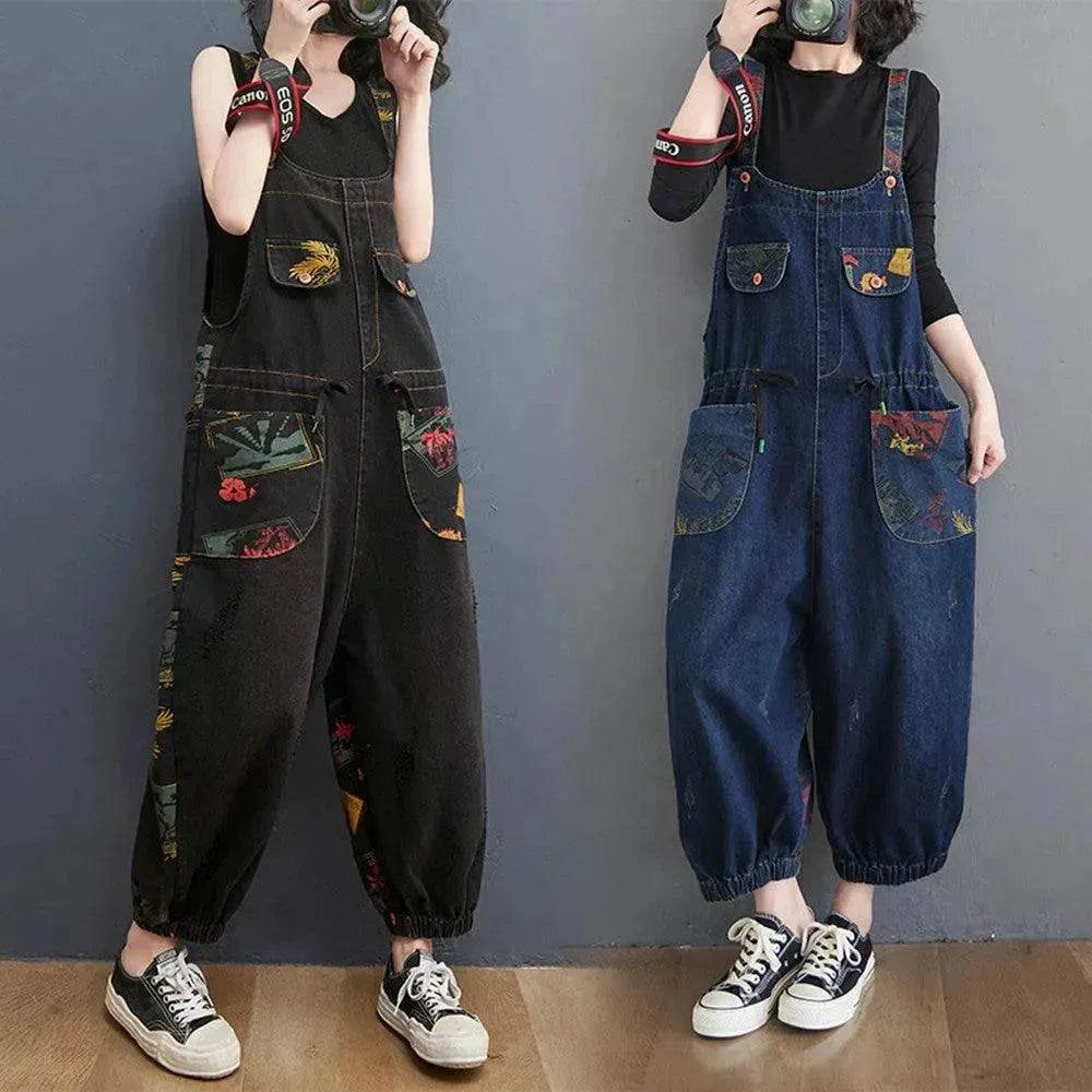 Women's Fashion Plus Size Age Reduction Print Suspender Jeans - EX-STOCK Canada