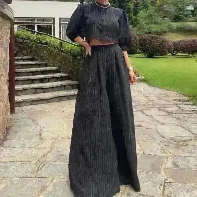 Women's Fashion Striped Printed Crew Neck Top Wide-leg Pants Two-piece Set - EX-STOCK CANADA