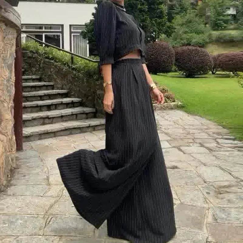 Women's Fashion Striped Printed Crew Neck Top Wide-leg Pants Two-piece Set - EX-STOCK Canada