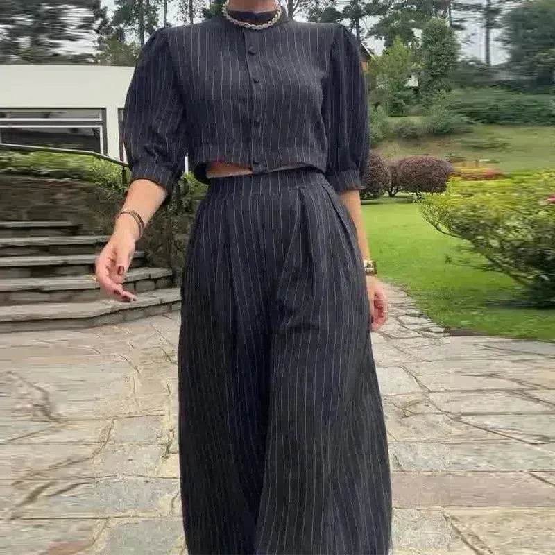 Women's Fashion Striped Printed Crew Neck Top Wide-leg Pants Two-piece Set - EX-STOCK Canada