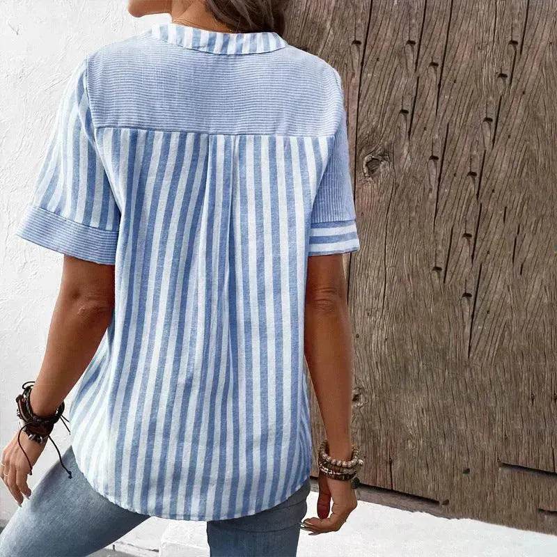 Women's Fashion V-neck Asymmetric Stripes Patchwork Top - EX-STOCK Canada