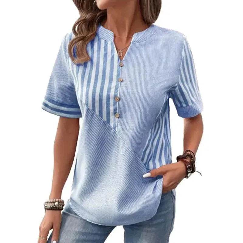 Women's Fashion V-neck Asymmetric Stripes Patchwork Top - EX-STOCK Canada