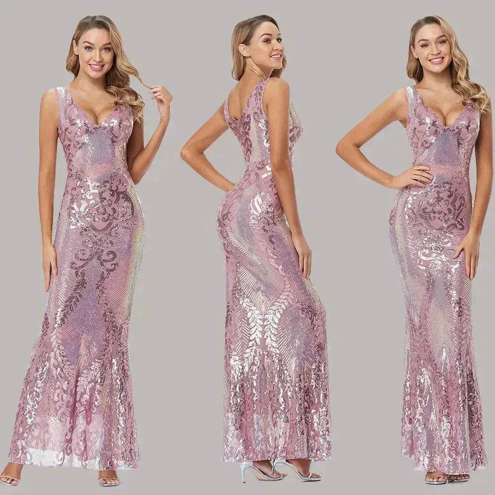 Women's Fashionable Sequin High Waist Sleeveless V-Neck Evening Gown - EX-STOCK Canada