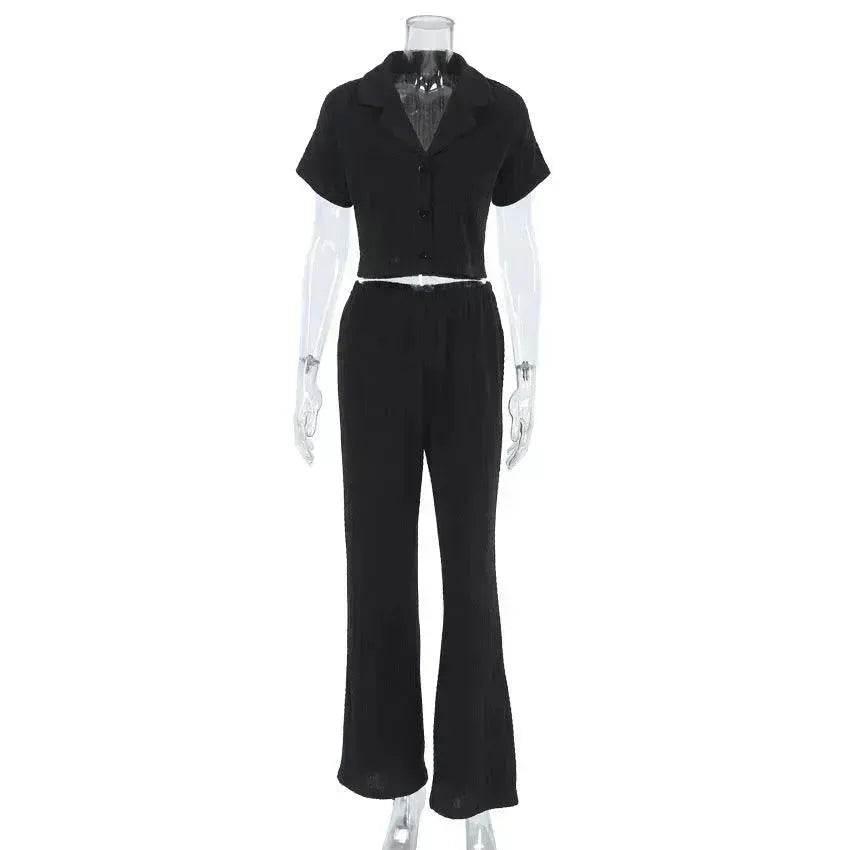 Women's Fashionable Simple Solid Color Short-sleeved Trousers Pajamas Two-piece Set - EX-STOCK Canada