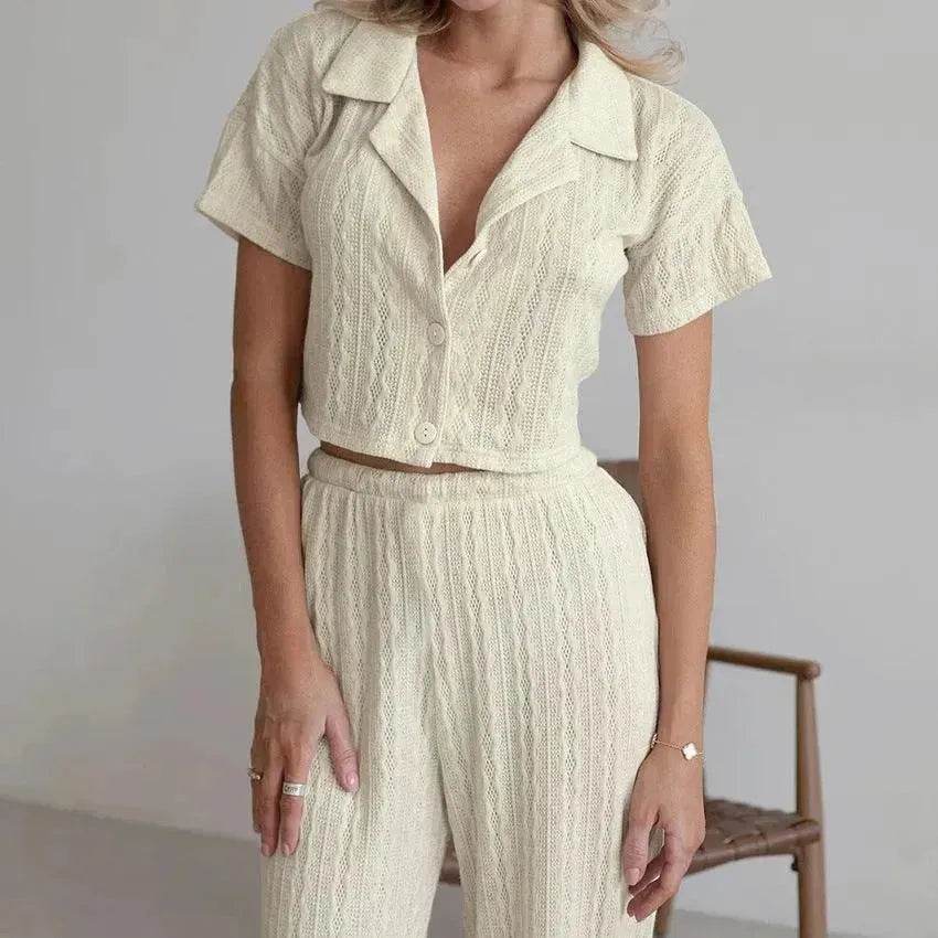 Women's Fashionable Simple Solid Color Short-sleeved Trousers Pajamas Two-piece Set - EX-STOCK Canada