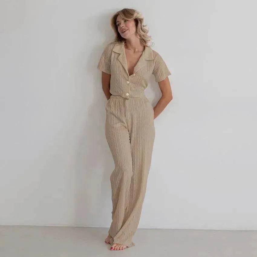 Women's Fashionable Simple Solid Color Short-sleeved Trousers Pajamas Two-piece Set - EX-STOCK Canada