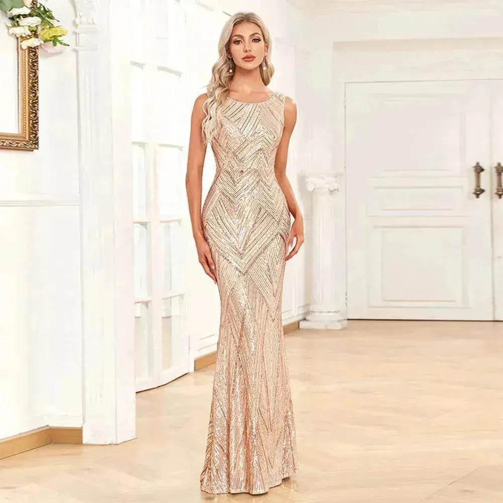 Women's Fashionable Sleeveless Round Neck Sparkling Evening Gown - EX-STOCK Canada