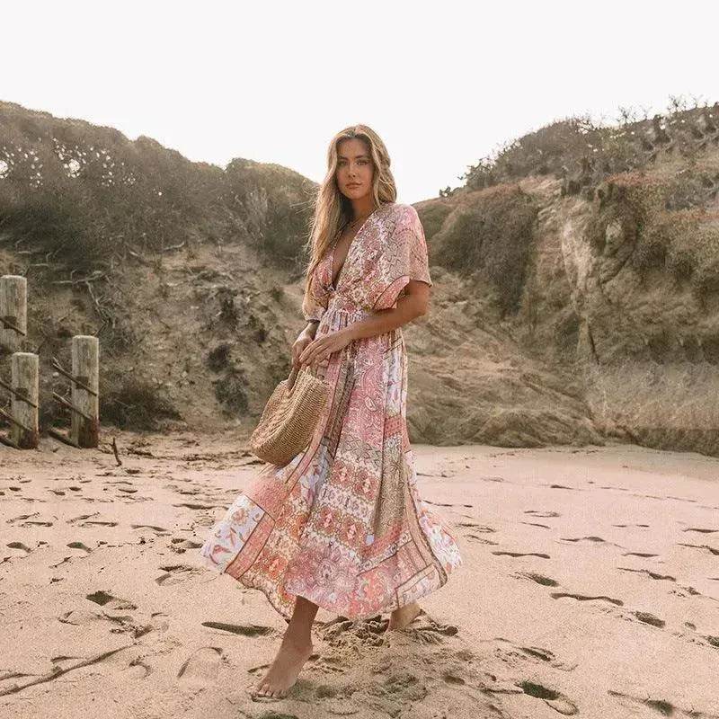 Women's Flowers Printed Dress Bohemian Irregular Beach Clothes - EX-STOCK Canada