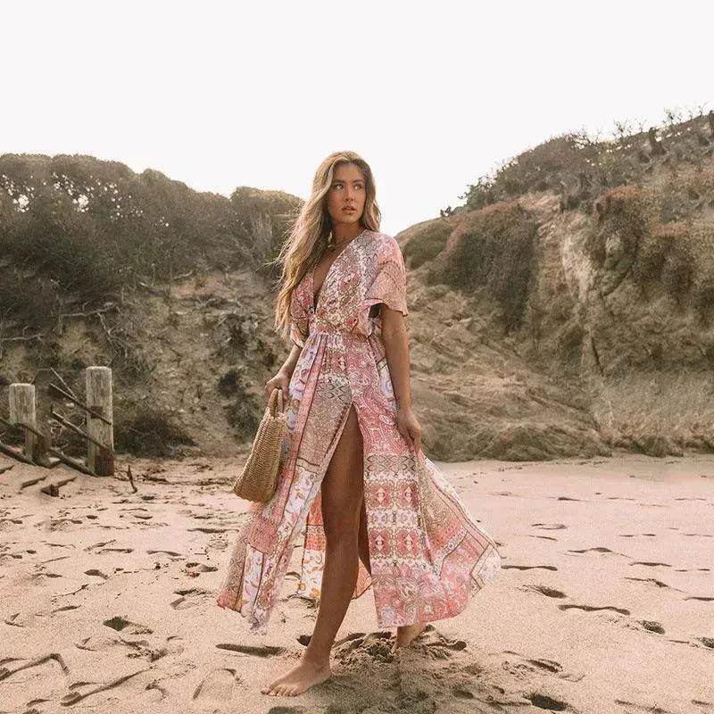 Women's Flowers Printed Dress Bohemian Irregular Beach Clothes - EX-STOCK Canada