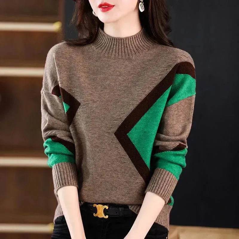 Women's Half Turtleneck Loose-fitting Versatile Sweater Color Matching Knitted Bottoming Shirt - EX-STOCK Canada