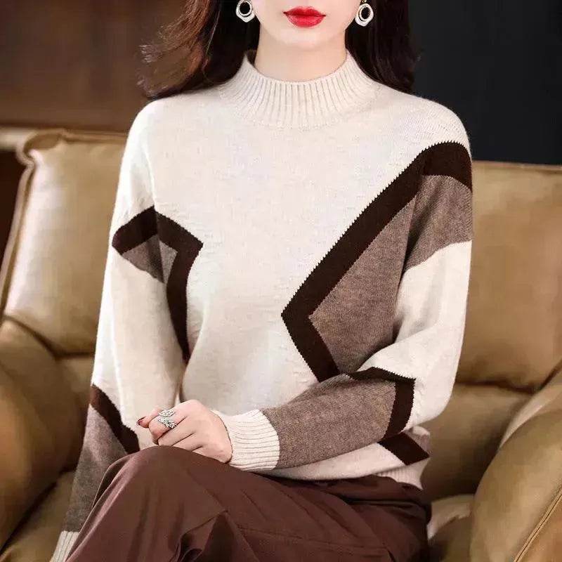 Women's Half Turtleneck Loose-fitting Versatile Sweater Color Matching Knitted Bottoming Shirt - EX-STOCK Canada