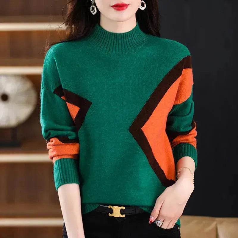 Women's Half Turtleneck Loose-fitting Versatile Sweater Color Matching Knitted Bottoming Shirt - EX-STOCK Canada